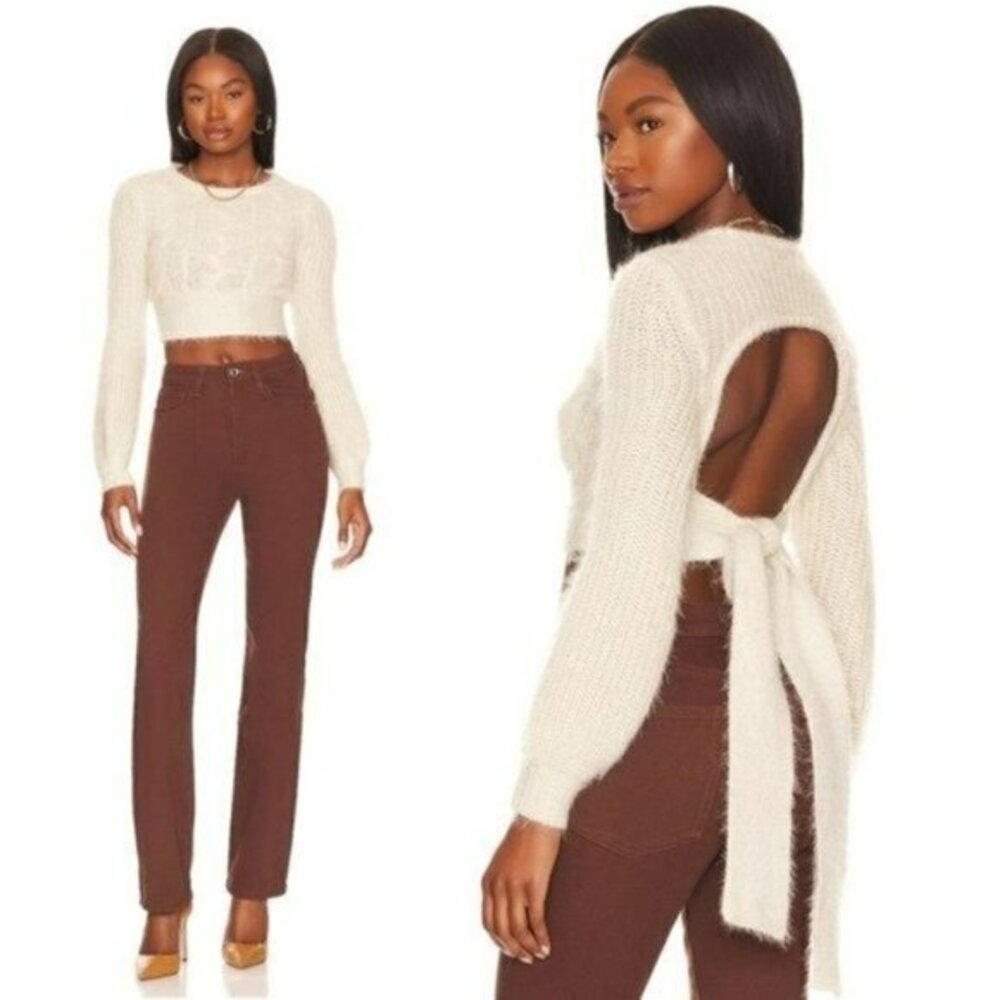 Majorelle Vivian Tie Crop Sweater Top in Champagne